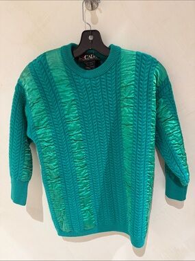 Escada Teal Cable Knit Crewneck Sweater with Satin Stripes